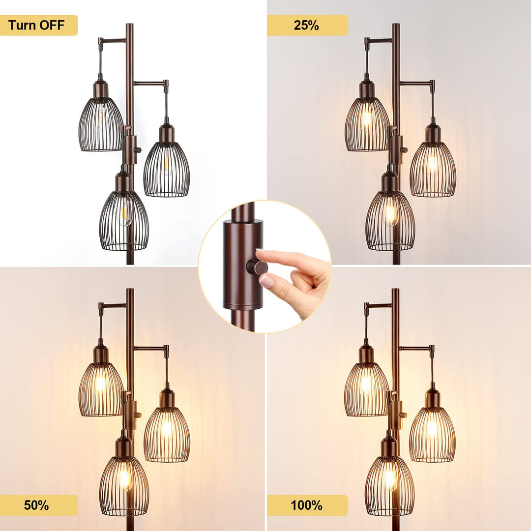 Torondo Dimmable Floor Lamp, Industrial Floor Lamps for Living Room, Brown Tree Lamp Standing Lamp Tall Lamps with 3 Elegant Teardrop Cage Head &amp; 800 Lumens LED Bulbs for Living Room Bedroom Office 