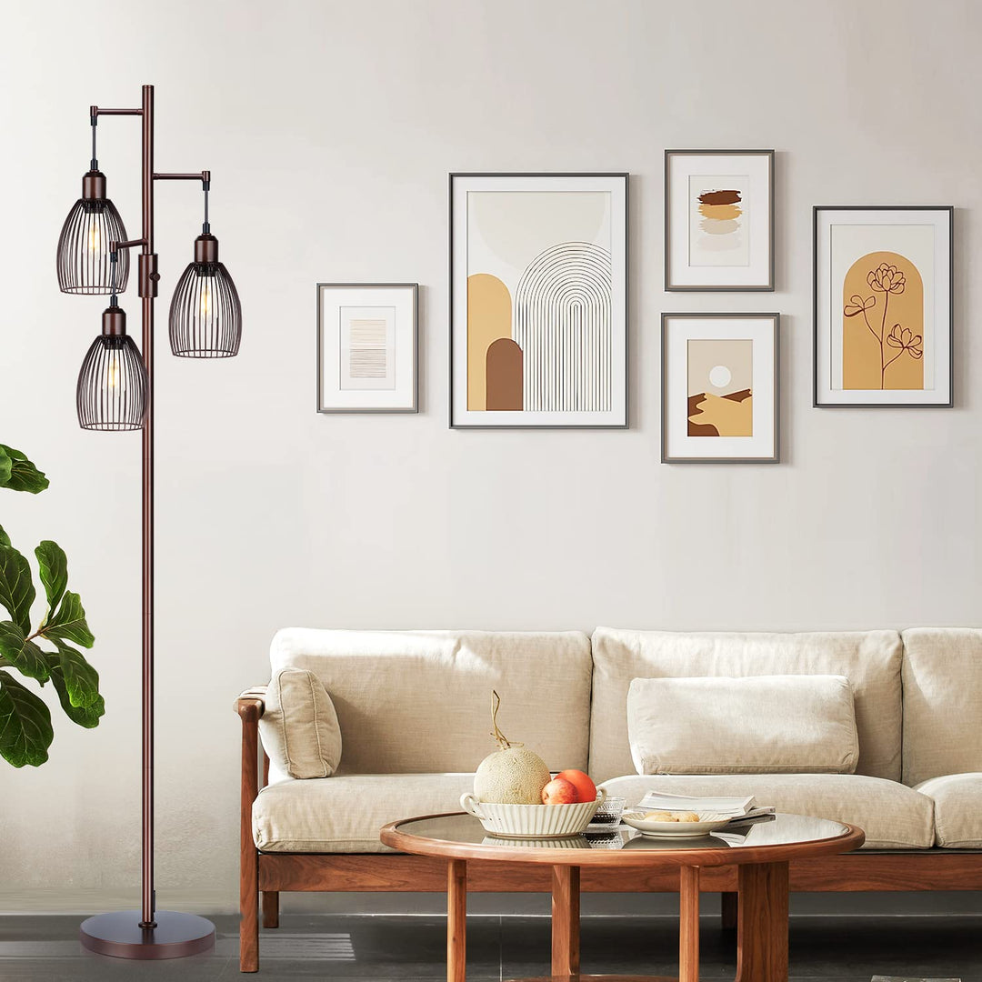 Torondo Dimmable Floor Lamp, Industrial Floor Lamps for Living Room, Brown Tree Lamp Standing Lamp Tall Lamps with 3 Elegant Teardrop Cage Head &amp; 800 Lumens LED Bulbs for Living Room Bedroom Office 