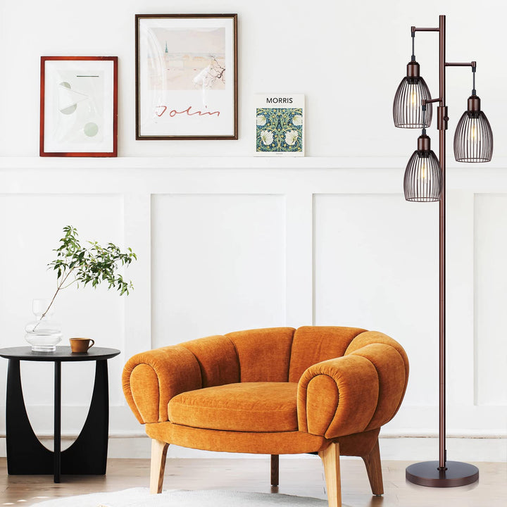 Torondo Dimmable Floor Lamp, Industrial Floor Lamps for Living Room, Brown Tree Lamp Standing Lamp Tall Lamps with 3 Elegant Teardrop Cage Head &amp; 800 Lumens LED Bulbs for Living Room Bedroom Office 