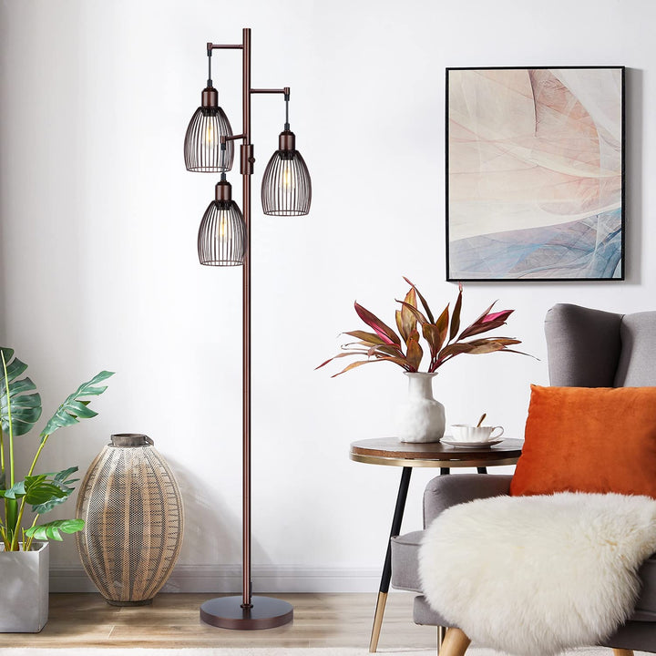 Torondo Dimmable Floor Lamp, Industrial Floor Lamps for Living Room, Brown Tree Lamp Standing Lamp Tall Lamps with 3 Elegant Teardrop Cage Head &amp; 800 Lumens LED Bulbs for Living Room Bedroom Office 