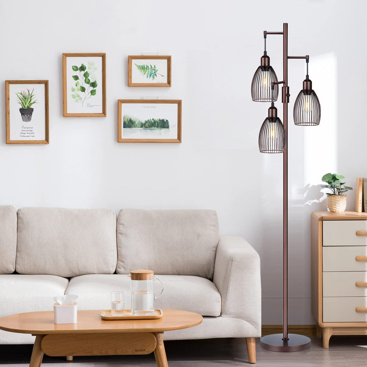 Torondo Dimmable Floor Lamp, Industrial Floor Lamps for Living Room, Brown Tree Lamp Standing Lamp Tall Lamps with 3 Elegant Teardrop Cage Head &amp; 800 Lumens LED Bulbs for Living Room Bedroom Office 