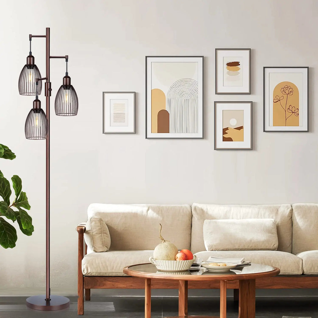 Torondo Dimmable Floor Lamp, Industrial Floor Lamps for Living Room, Brown Tree Lamp Standing Lamp Tall Lamps with 3 Elegant Teardrop Cage Head &amp; 800 Lumens LED Bulbs for Living Room Bedroom Office 