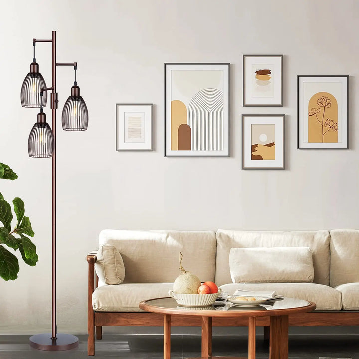 Torondo Dimmable Floor Lamp, Industrial Floor Lamps for Living Room, Brown Tree Lamp Standing Lamp Tall Lamps with 3 Elegant Teardrop Cage Head &amp; 800 Lumens LED Bulbs for Living Room Bedroom Office 