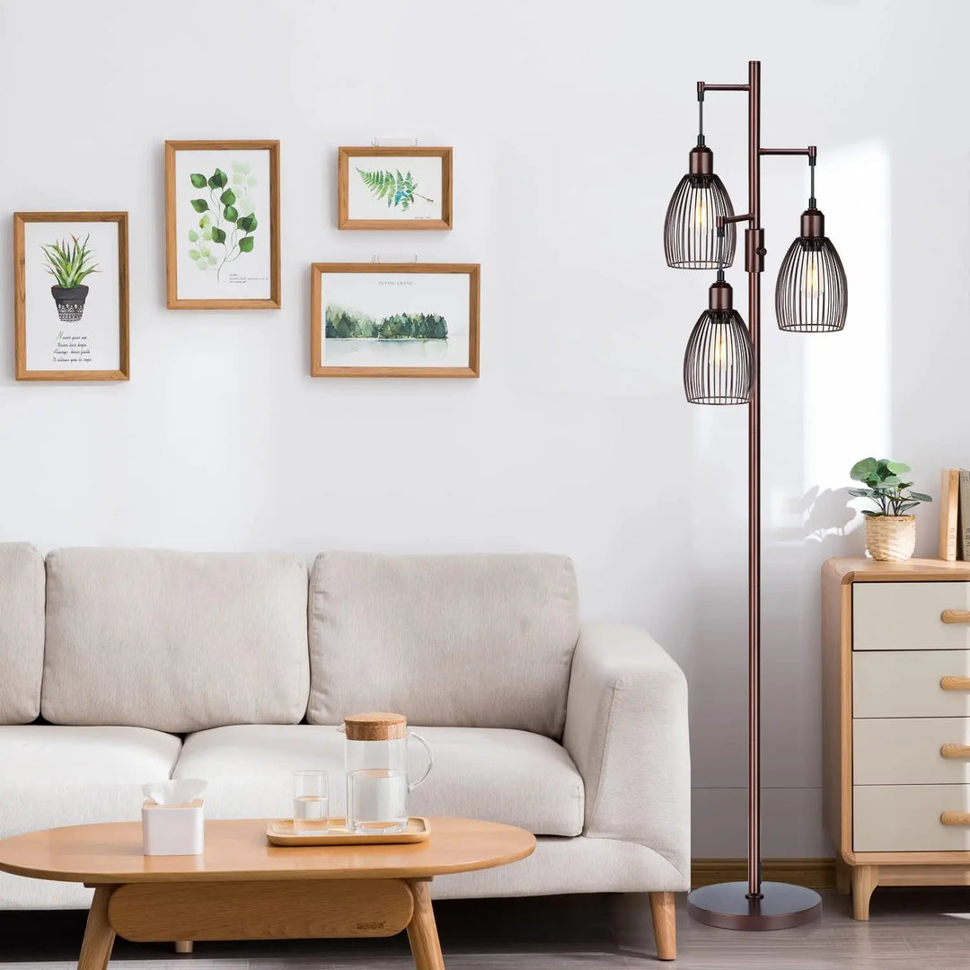 Torondo Dimmable Floor Lamp, Industrial Floor Lamps for Living Room, Brown Tree Lamp Standing Lamp Tall Lamps with 3 Elegant Teardrop Cage Head &amp; 800 Lumens LED Bulbs for Living Room Bedroom Office 
