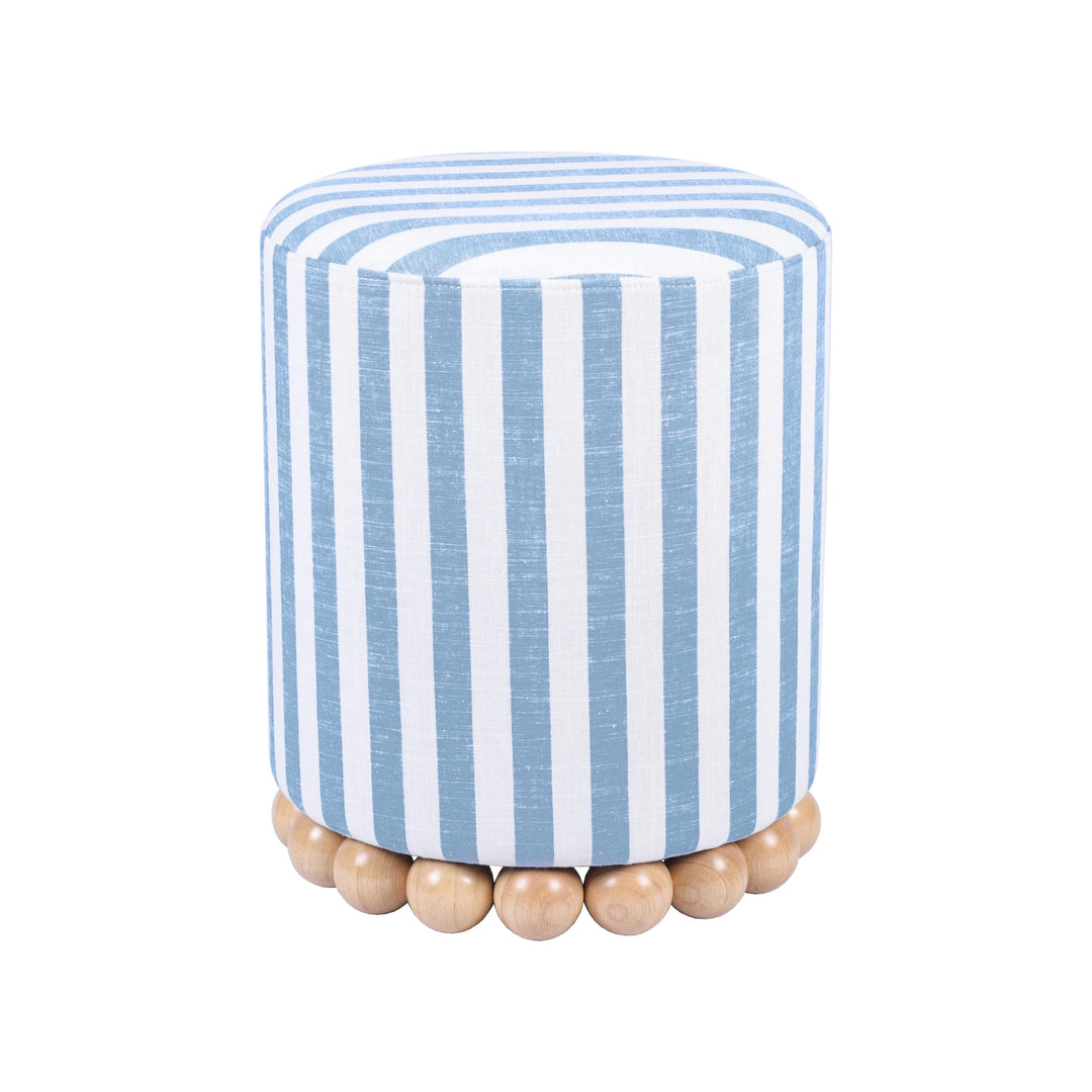 Tov Furniture Dex Pastel Blue Striped Linen Round Ottoman with Wooden Base 