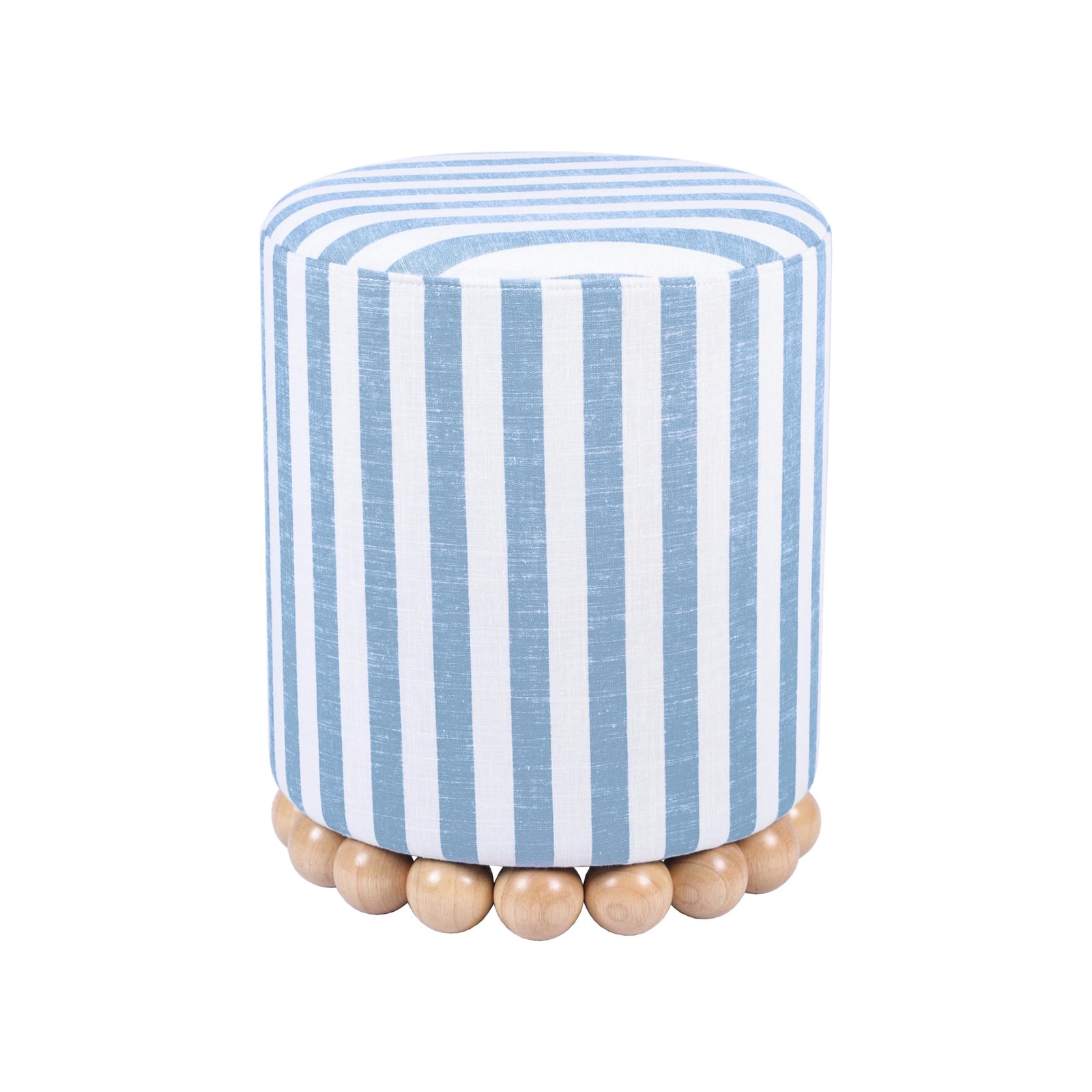 Tov Furniture Dex Pastel Blue Striped Linen Round Ottoman with Wooden Base 