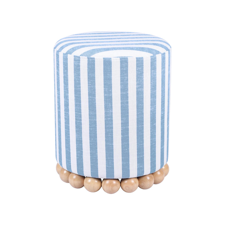 Tov Furniture Dex Pastel Blue Striped Linen Round Ottoman with Wooden Base 