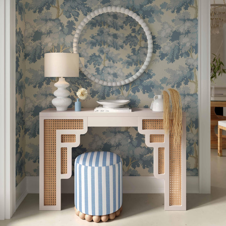 Tov Furniture Dex Pastel Blue Striped Linen Round Ottoman with Wooden Base 