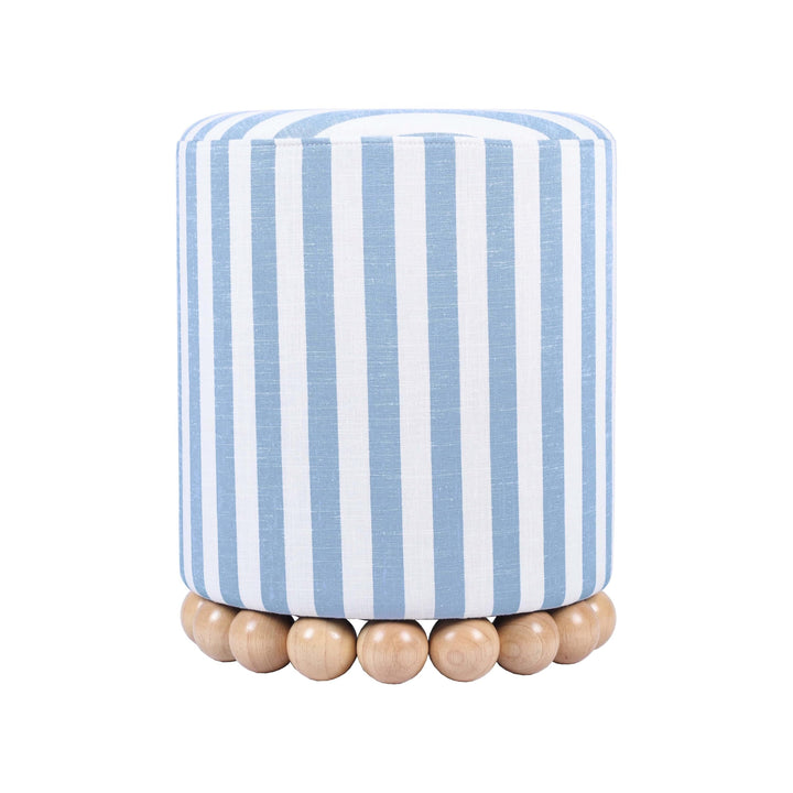 Tov Furniture Dex Pastel Blue Striped Linen Round Ottoman with Wooden Base 