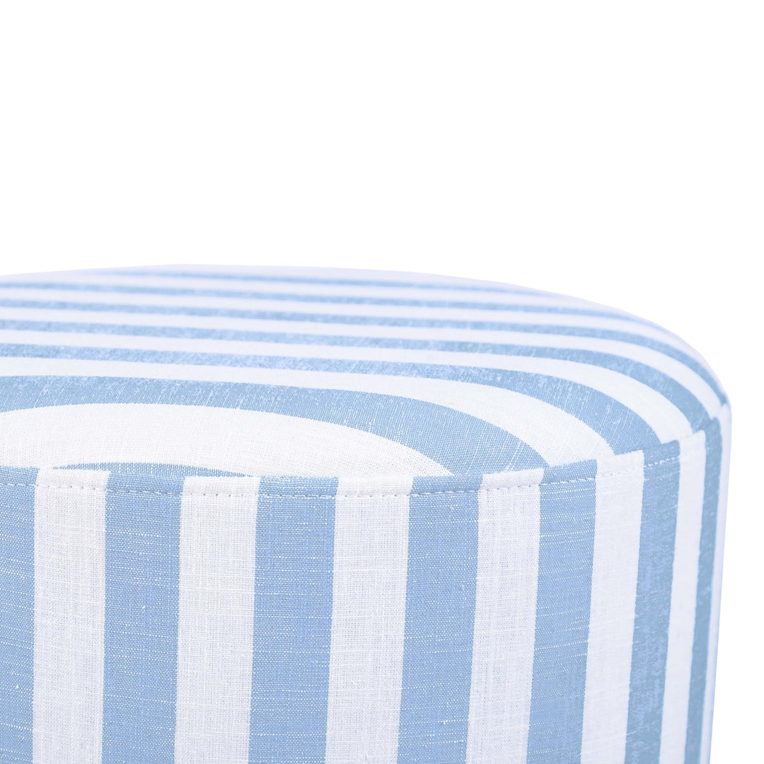 Tov Furniture Dex Pastel Blue Striped Linen Round Ottoman with Wooden Base 