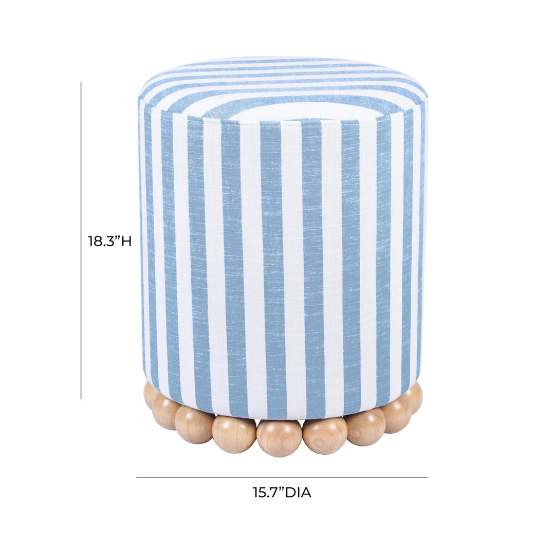 Tov Furniture Dex Pastel Blue Striped Linen Round Ottoman with Wooden Base 