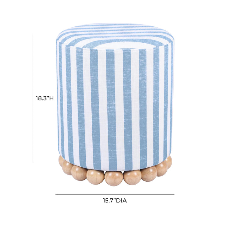 Tov Furniture Dex Pastel Blue Striped Linen Round Ottoman with Wooden Base 