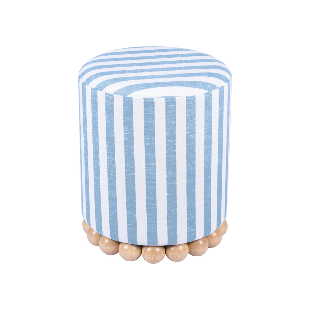 Tov Furniture Dex Pastel Blue Striped Linen Round Ottoman with Wooden Base 