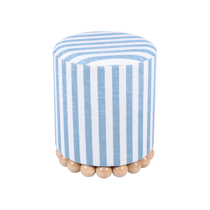 Tov Furniture Dex Pastel Blue Striped Linen Round Ottoman with Wooden Base 