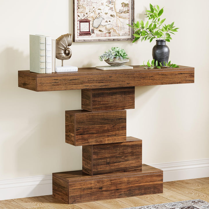 Tribesigns 42.5" Farmhouse Console Table, Narrow Wood Sofa Table Behind Couch with Geometric Base, Industrial Entryway Accent Table for Living Room, Hallway, Entrance (Rustic Brown) 