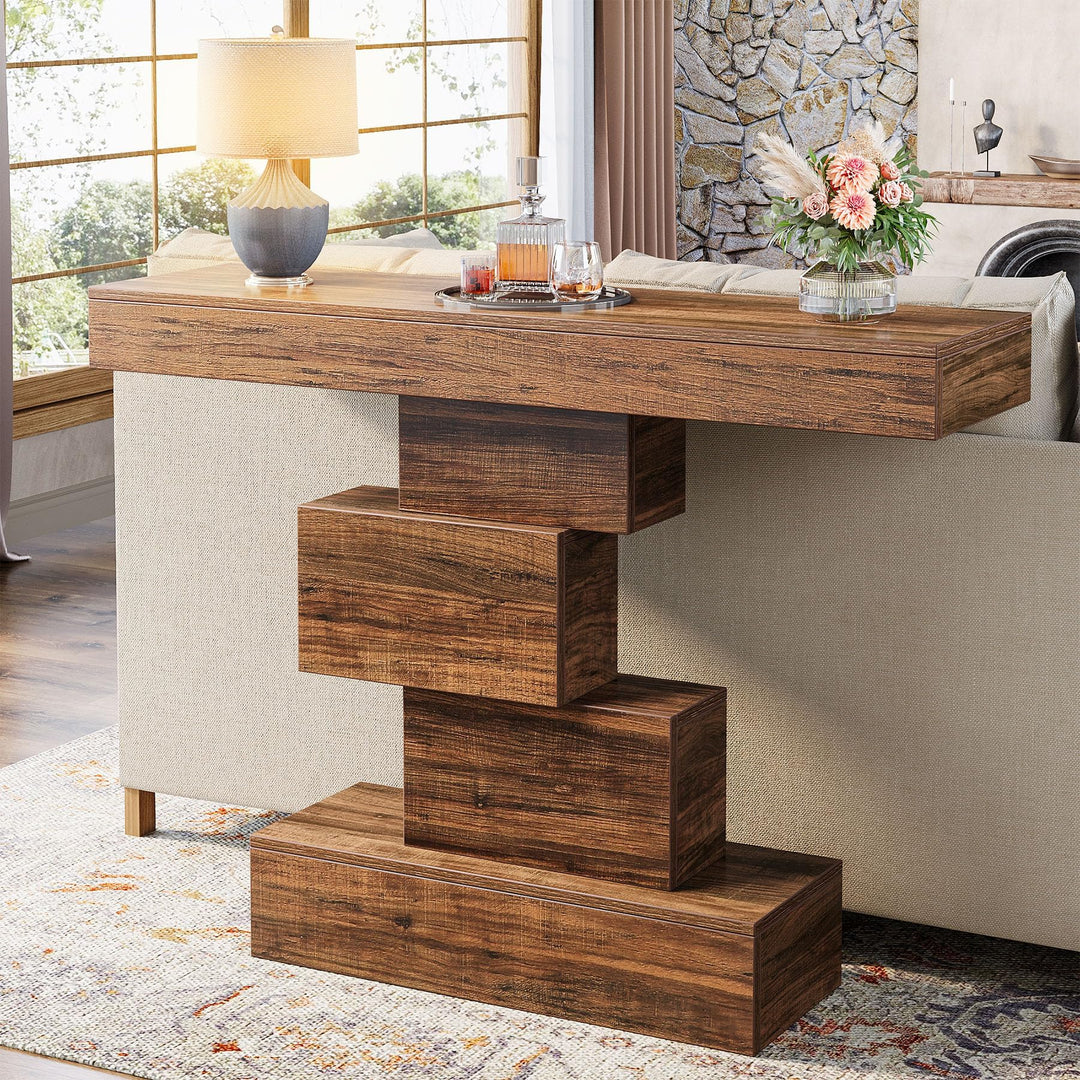 Tribesigns 42.5" Farmhouse Console Table, Narrow Wood Sofa Table Behind Couch with Geometric Base, Industrial Entryway Accent Table for Living Room, Hallway, Entrance (Rustic Brown) 