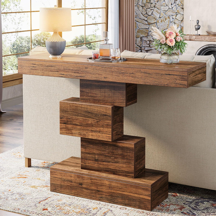 Tribesigns 42.5" Farmhouse Console Table, Narrow Wood Sofa Table Behind Couch with Geometric Base, Industrial Entryway Accent Table for Living Room, Hallway, Entrance (Rustic Brown) 
