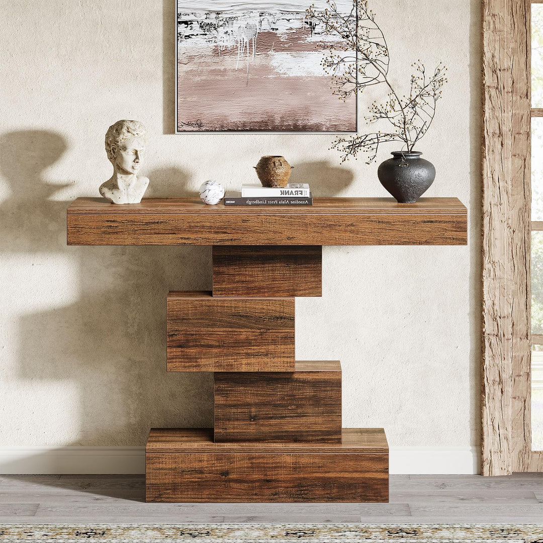 Tribesigns 42.5" Farmhouse Console Table, Narrow Wood Sofa Table Behind Couch with Geometric Base, Industrial Entryway Accent Table for Living Room, Hallway, Entrance (Rustic Brown) 