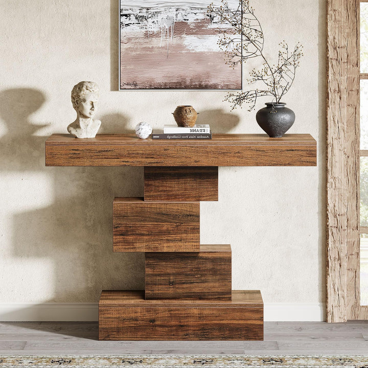 Tribesigns 42.5" Farmhouse Console Table, Narrow Wood Sofa Table Behind Couch with Geometric Base, Industrial Entryway Accent Table for Living Room, Hallway, Entrance (Rustic Brown) 