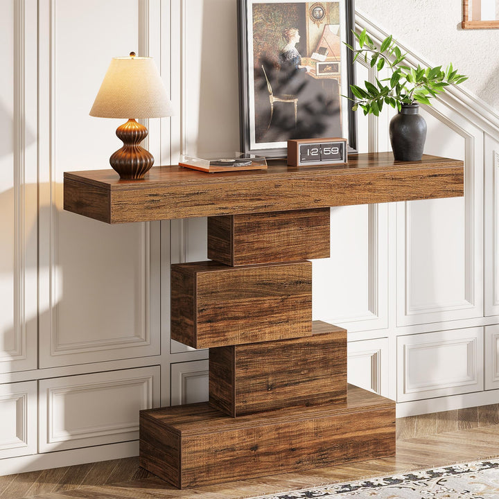 Tribesigns 42.5" Farmhouse Console Table, Narrow Wood Sofa Table Behind Couch with Geometric Base, Industrial Entryway Accent Table for Living Room, Hallway, Entrance (Rustic Brown) 