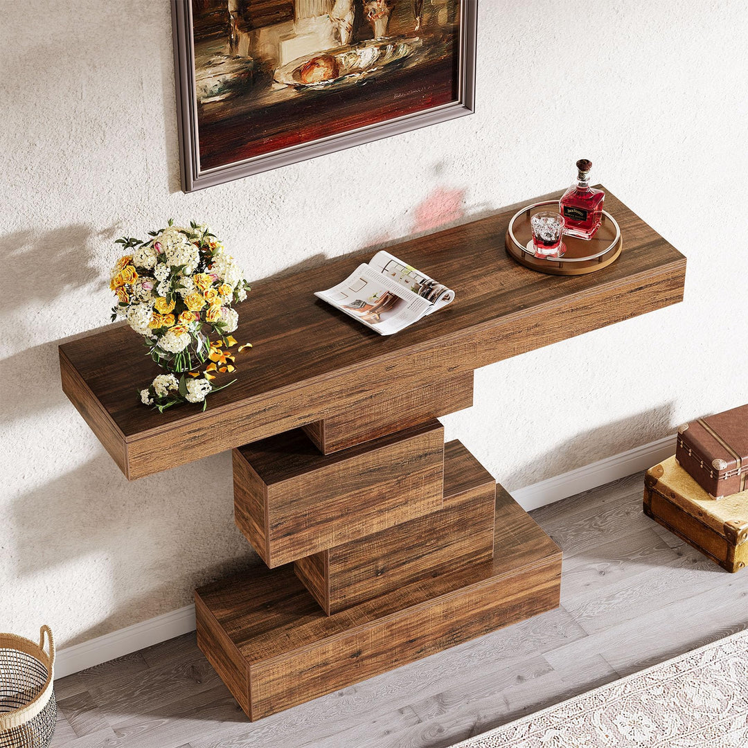 Tribesigns 42.5" Farmhouse Console Table, Narrow Wood Sofa Table Behind Couch with Geometric Base, Industrial Entryway Accent Table for Living Room, Hallway, Entrance (Rustic Brown) 