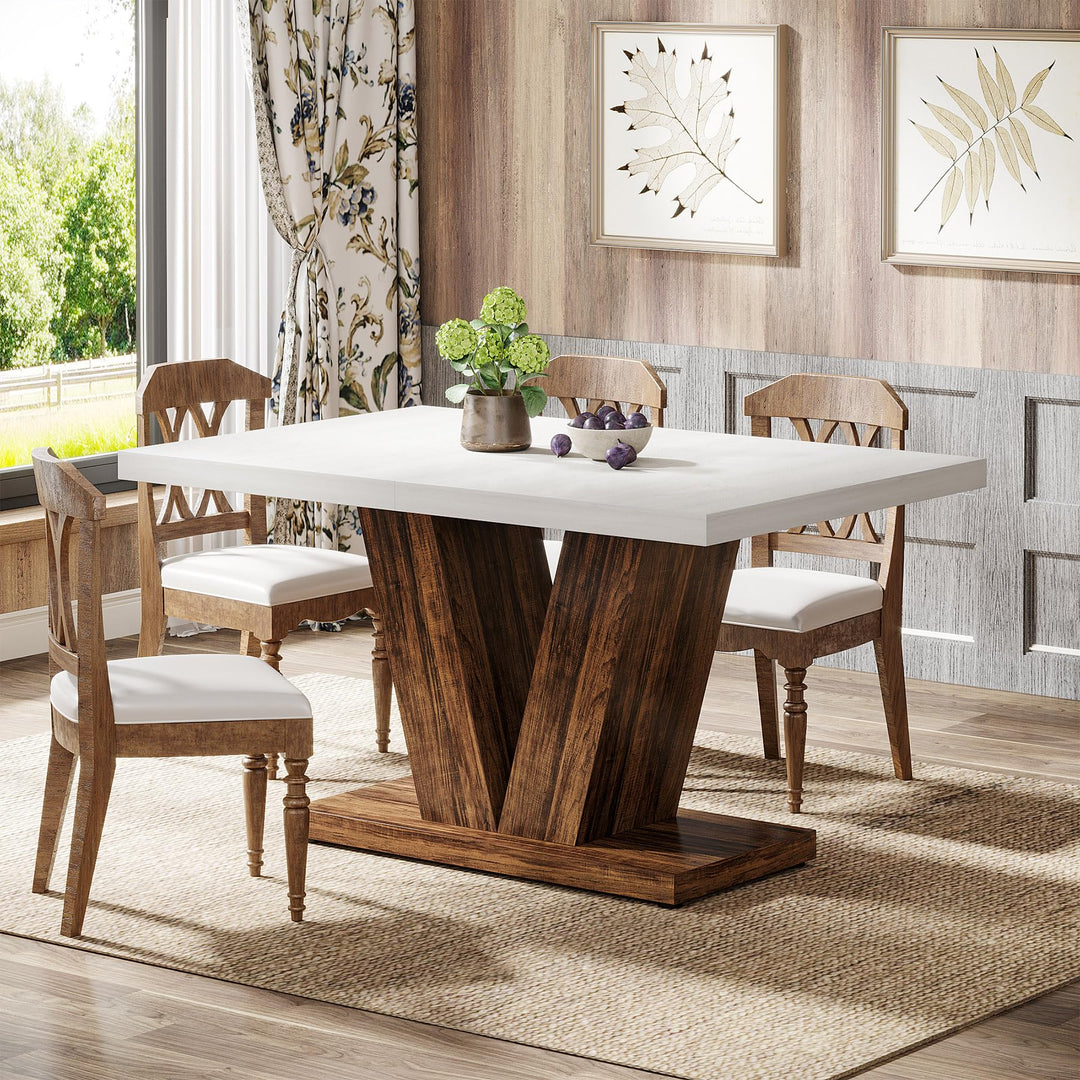 Tribesigns 47-Inch Dining Table for 4, White Kitchen Dinner Table with Heavy Duty Pedestal, Farmhouse Wooden Eating Table for Home, Dining Room, Small Space, White &amp; Brown 