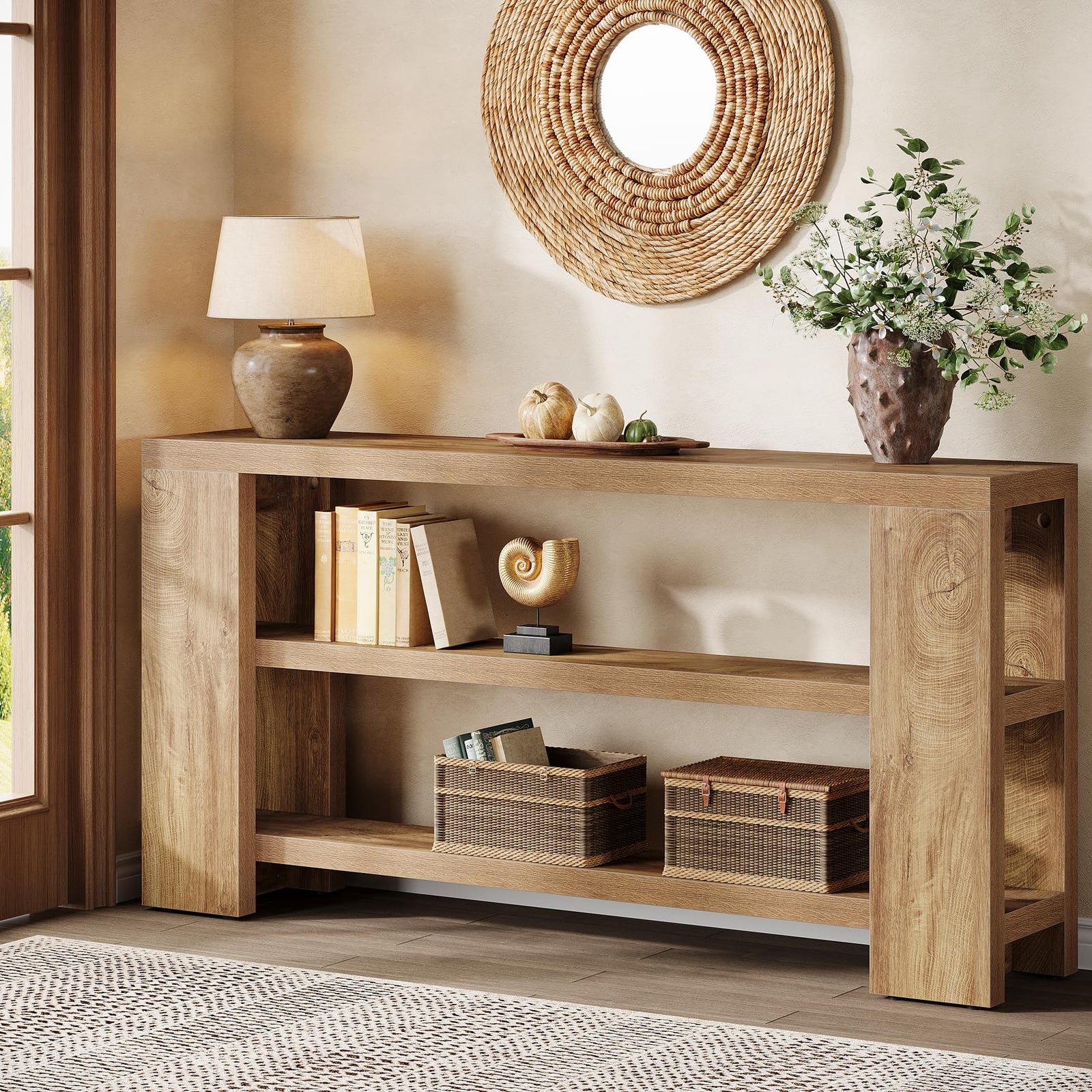 Tribesigns 70.9-Inch Extra Long Console Table with Storage, Narrow Wooden Sofa Table Behind The Couch, Farmhouse 3-Tier Entry Foyer Table for Entryway, Living Room, Hallway, Natural 