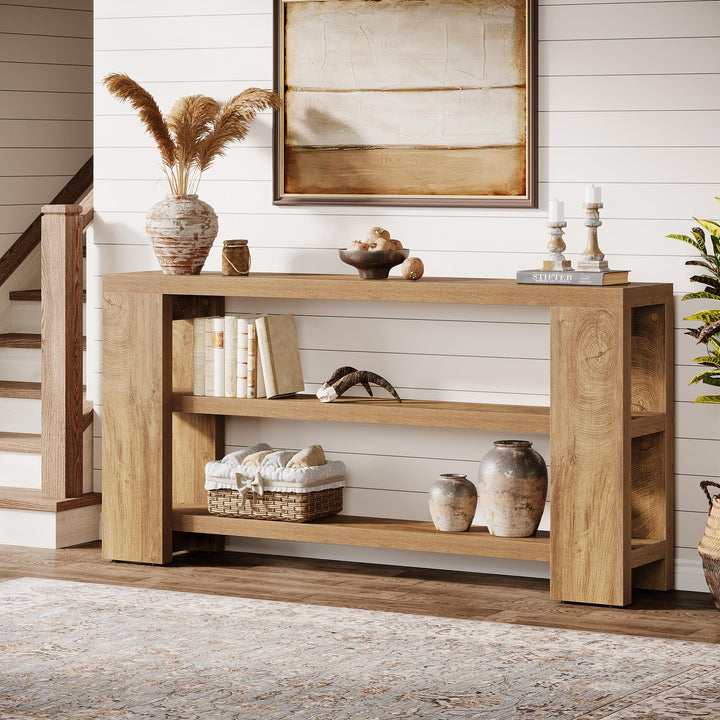 Tribesigns 70.9-Inch Extra Long Console Table with Storage, Narrow Wooden Sofa Table Behind The Couch, Farmhouse 3-Tier Entry Foyer Table for Entryway, Living Room, Hallway, Natural 
