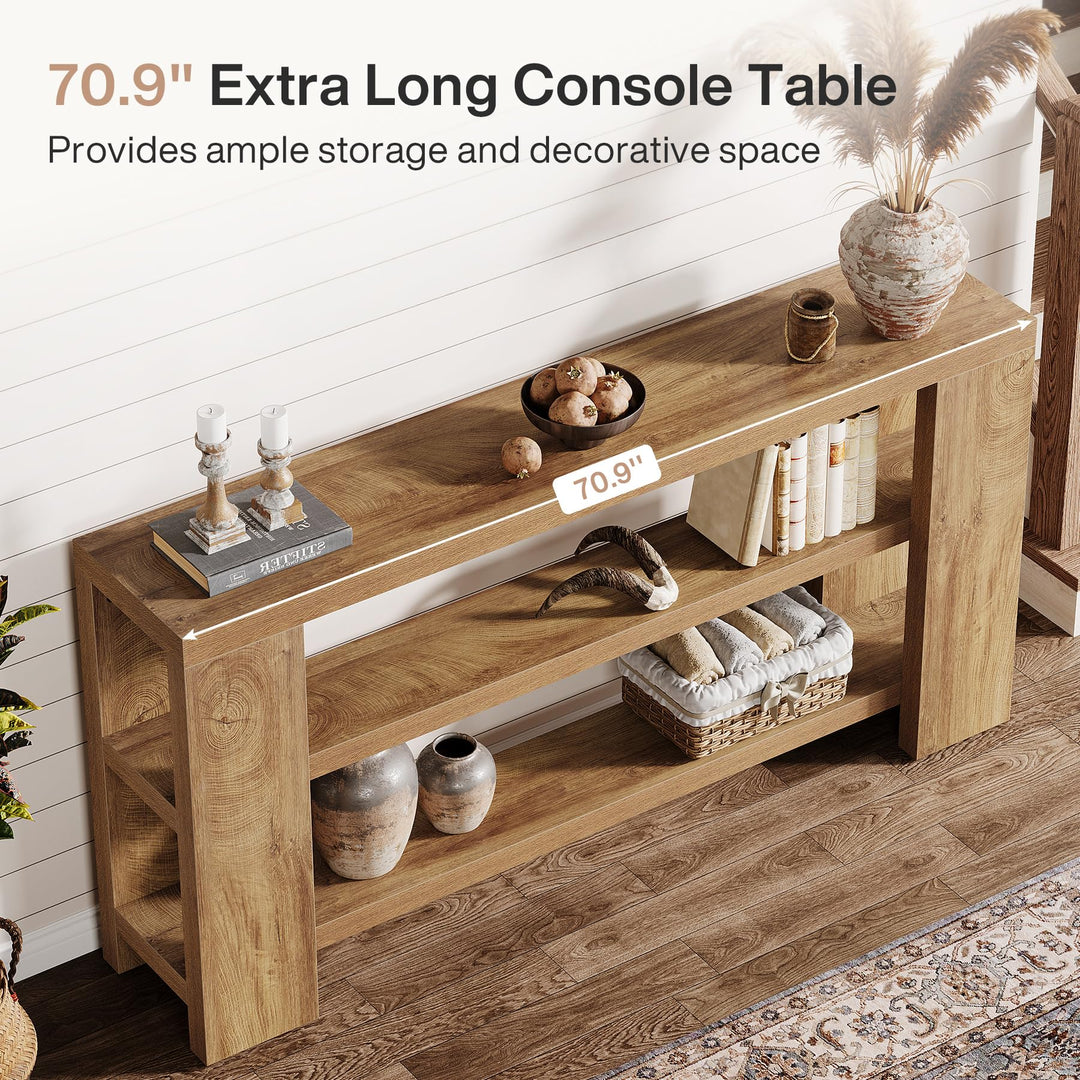Tribesigns 70.9-Inch Extra Long Console Table with Storage, Narrow Wooden Sofa Table Behind The Couch, Farmhouse 3-Tier Entry Foyer Table for Entryway, Living Room, Hallway, Natural 