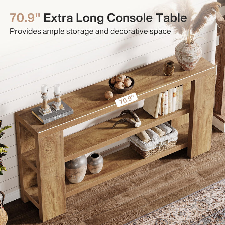 Tribesigns 70.9-Inch Extra Long Console Table with Storage, Narrow Wooden Sofa Table Behind The Couch, Farmhouse 3-Tier Entry Foyer Table for Entryway, Living Room, Hallway, Natural 