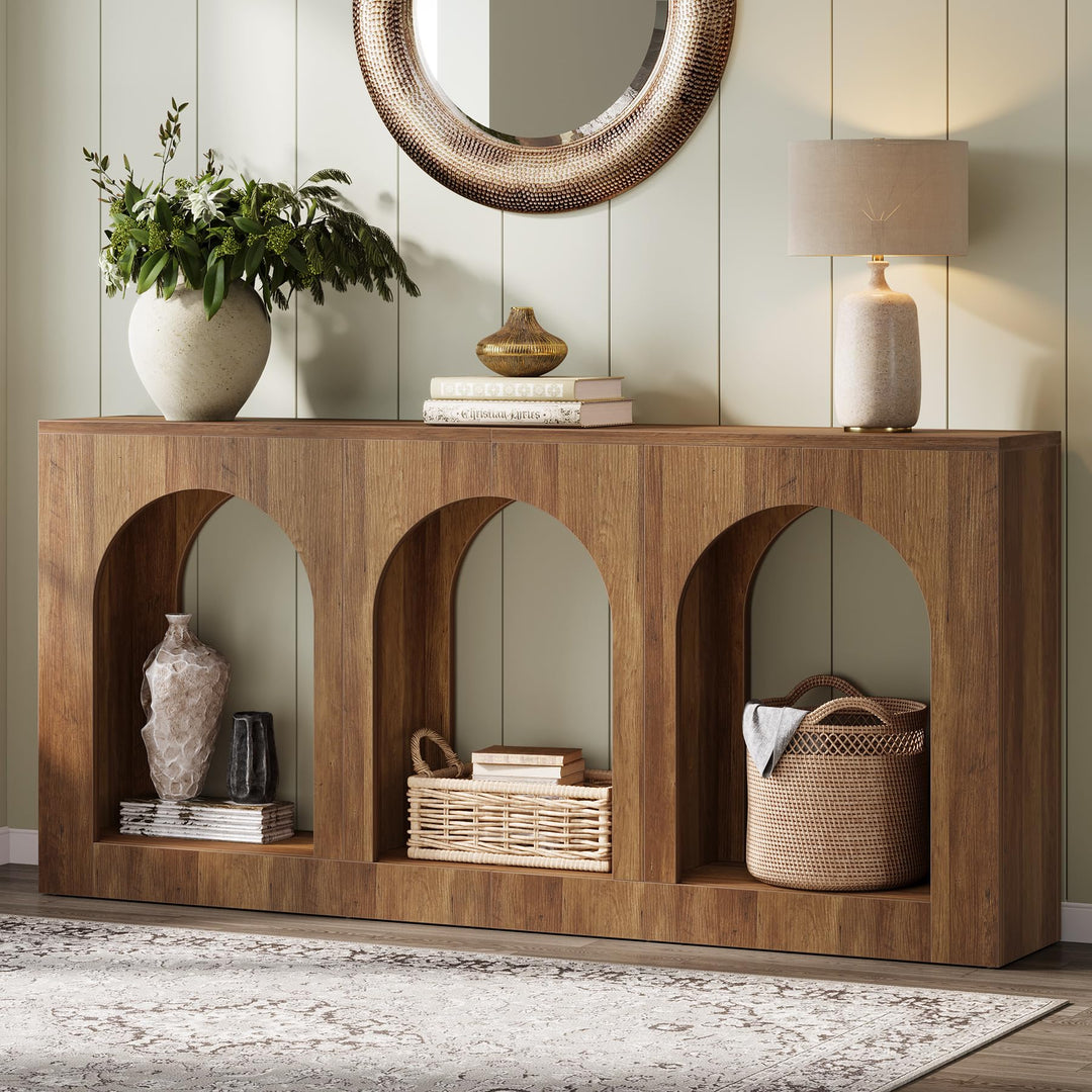 Tribesigns 70.9" Console Table with Storage, Wood Entryway Entry Table with 3 Arched Shelves for Foyer, Hallway, Living Room, Behind Couch Sofa, Narrow Long, Brown 