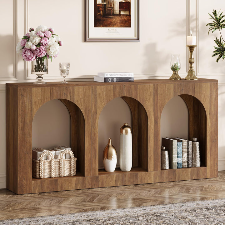 Tribesigns 70.9" Console Table with Storage, Wood Entryway Entry Table with 3 Arched Shelves for Foyer, Hallway, Living Room, Behind Couch Sofa, Narrow Long, Brown 