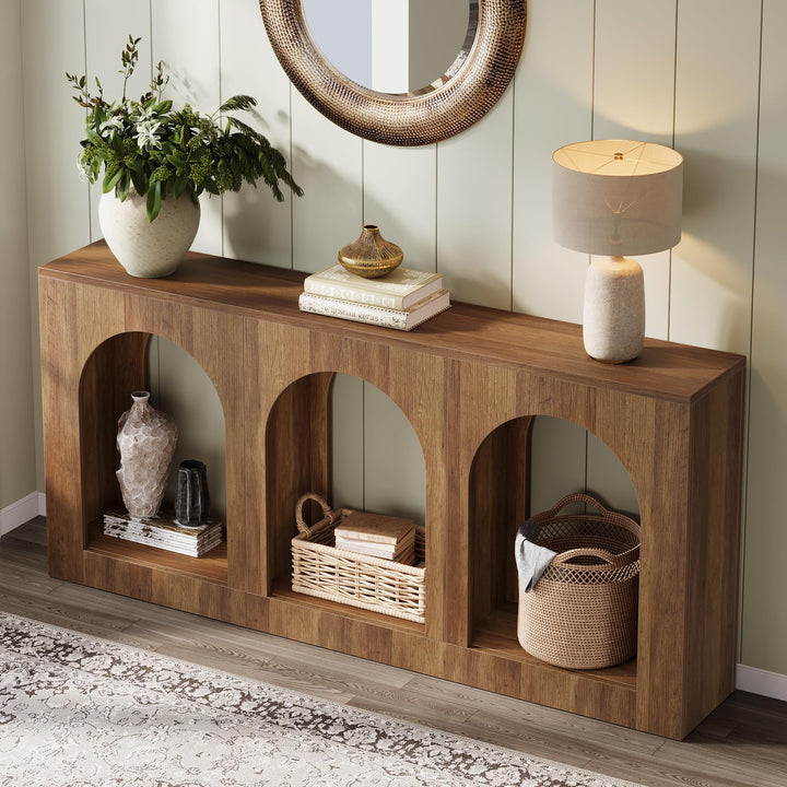 Tribesigns 70.9" Console Table with Storage, Wood Entryway Entry Table with 3 Arched Shelves for Foyer, Hallway, Living Room, Behind Couch Sofa, Narrow Long, Brown 
