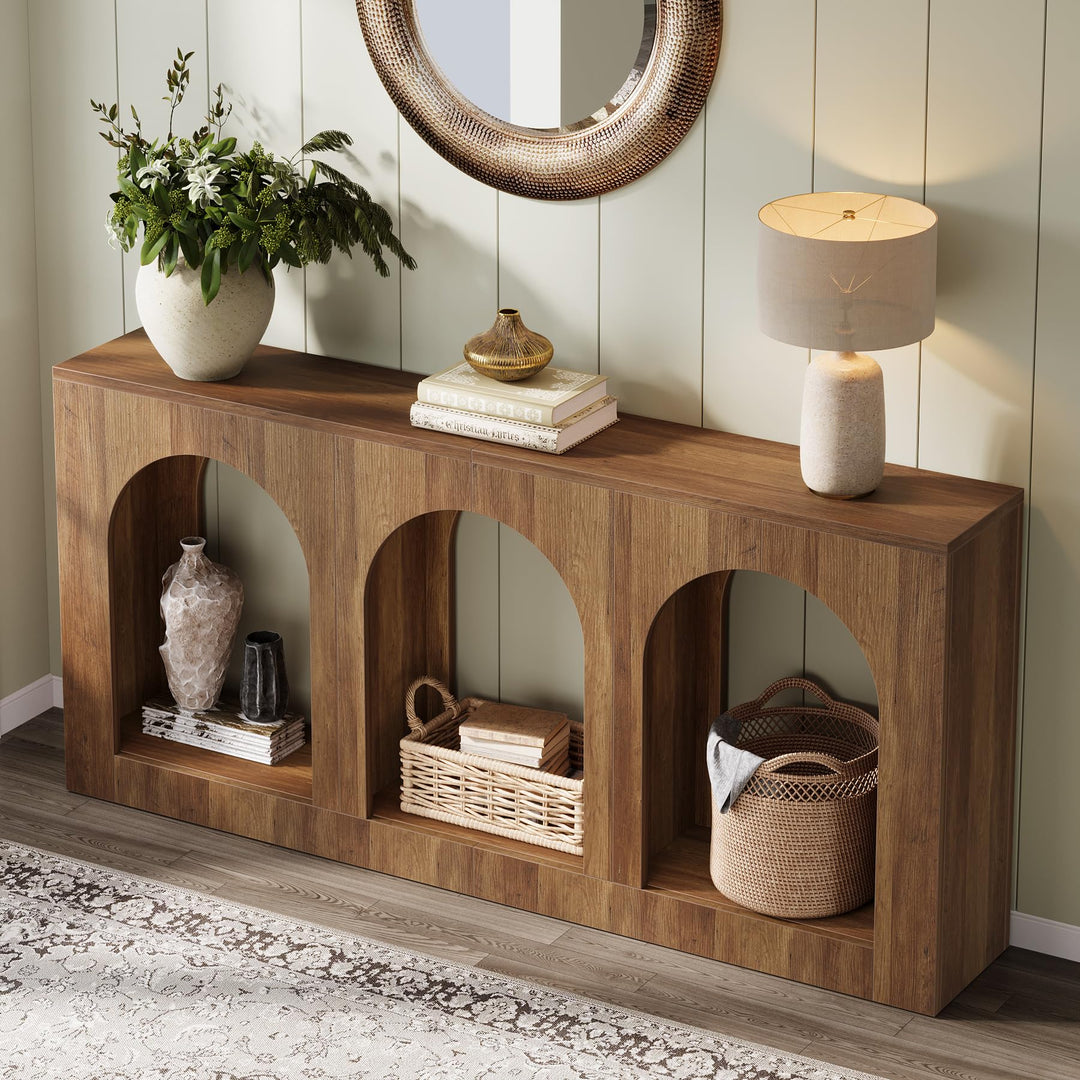 Tribesigns 70.9" Console Table with Storage, Wood Entryway Entry Table with 3 Arched Shelves for Foyer, Hallway, Living Room, Behind Couch Sofa, Narrow Long, Brown 