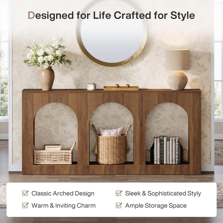 Tribesigns 70.9" Console Table with Storage, Wood Entryway Entry Table with 3 Arched Shelves for Foyer, Hallway, Living Room, Behind Couch Sofa, Narrow Long, Brown 