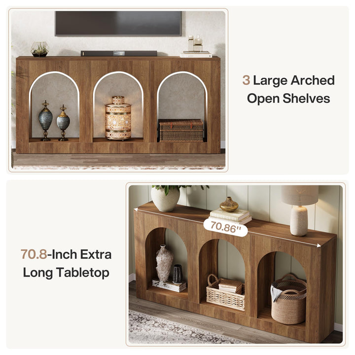 Tribesigns 70.9" Console Table with Storage, Wood Entryway Entry Table with 3 Arched Shelves for Foyer, Hallway, Living Room, Behind Couch Sofa, Narrow Long, Brown 