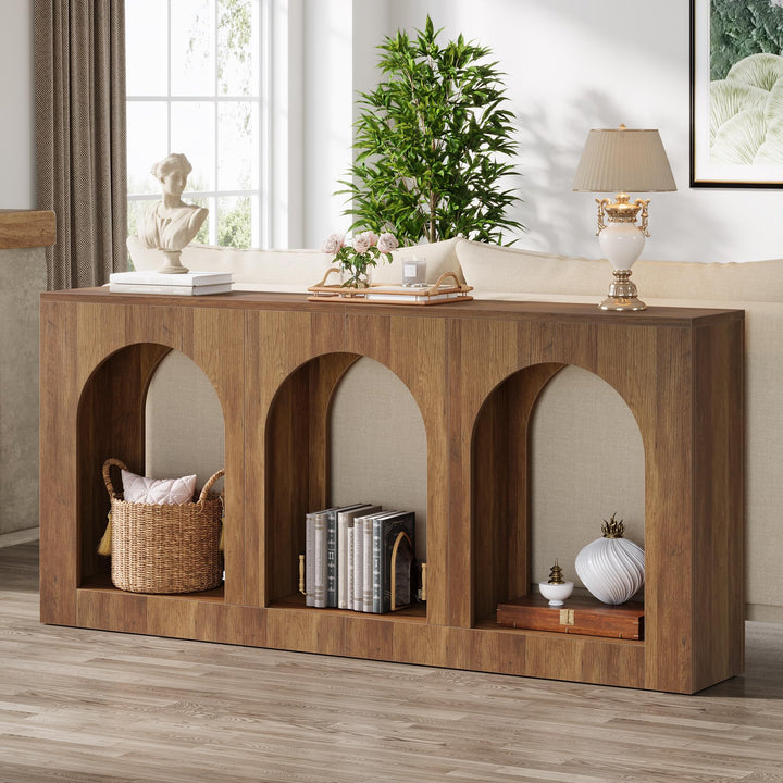 Tribesigns 70.9" Console Table with Storage, Wood Entryway Entry Table with 3 Arched Shelves for Foyer, Hallway, Living Room, Behind Couch Sofa, Narrow Long, Brown 