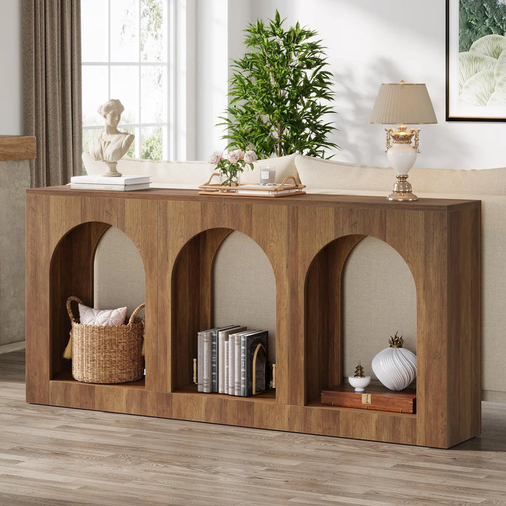 Tribesigns 70.9" Console Table with Storage, Wood Entryway Entry Table with 3 Arched Shelves for Foyer, Hallway, Living Room, Behind Couch Sofa, Narrow Long, Brown 