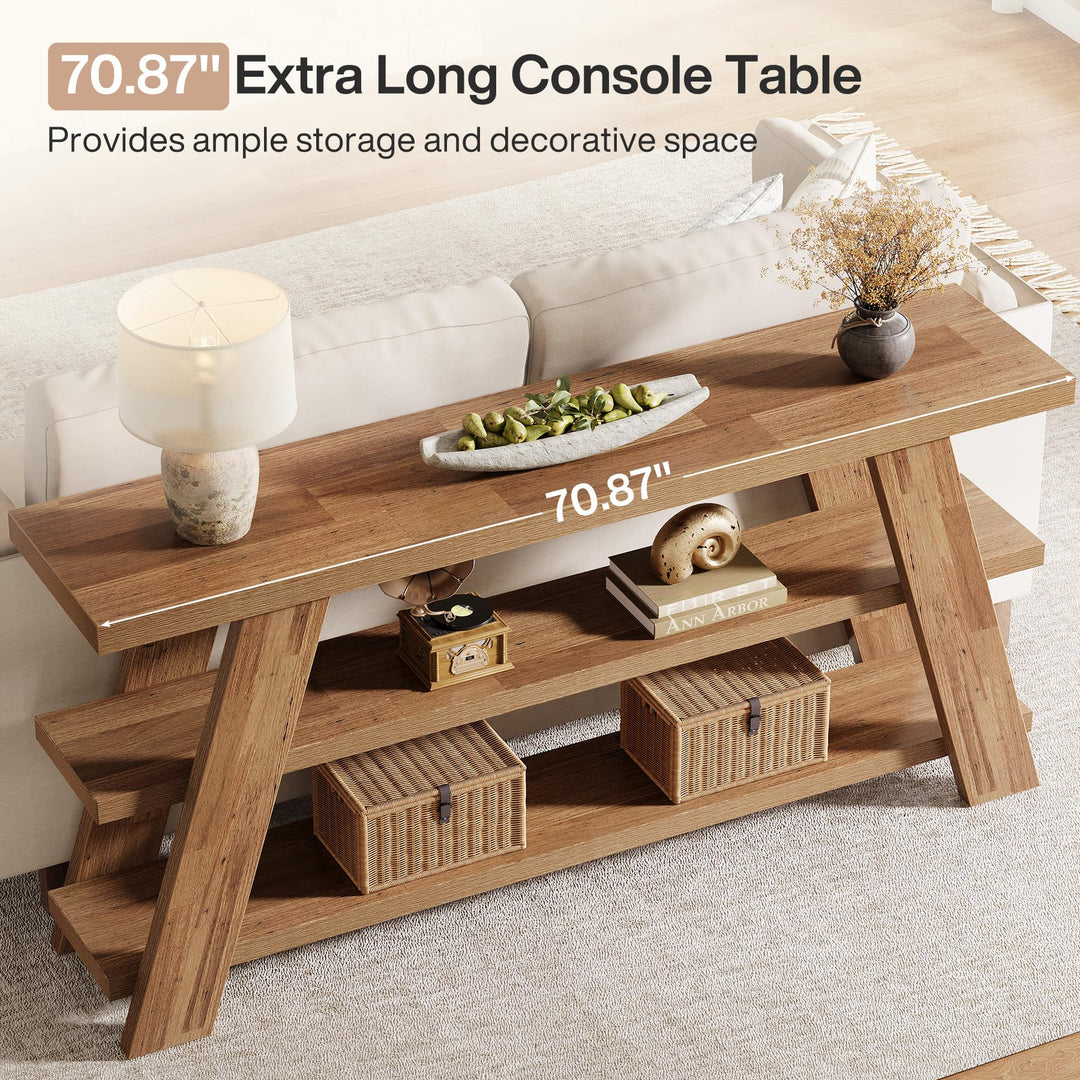 Tribesigns 70.9" Extra Long Console Table with Storage, 3-Tier Narrow Wooden Sofa Table Behind The Couch, Farmhouse Entry Foyer Table for Entryway, Living Room, Hallway, Brown 