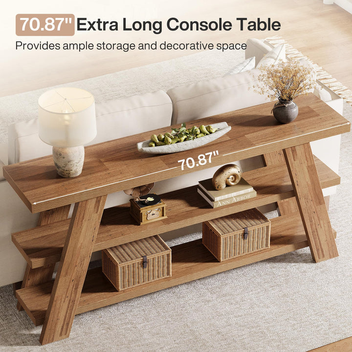 Tribesigns 70.9" Extra Long Console Table with Storage, 3-Tier Narrow Wooden Sofa Table Behind The Couch, Farmhouse Entry Foyer Table for Entryway, Living Room, Hallway, Brown 