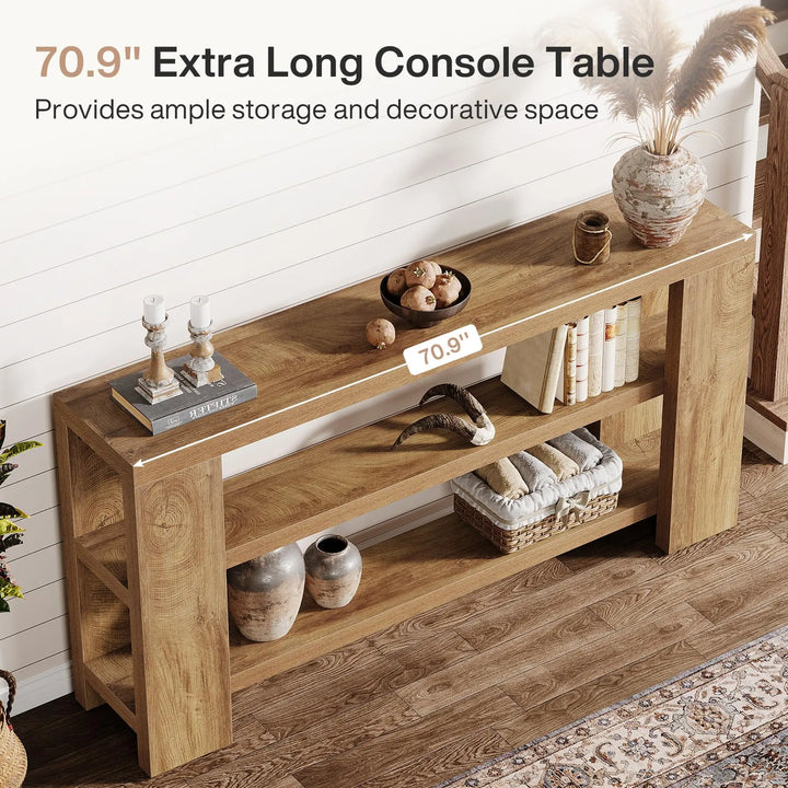 Tribesigns 70.9-Inch Extra Long Console Table with Storage, Narrow Wooden Sofa Table Behind The Couch, Farmhouse 3-Tier Entry Foyer Table for Entryway, Living Room, Hallway, Natural 