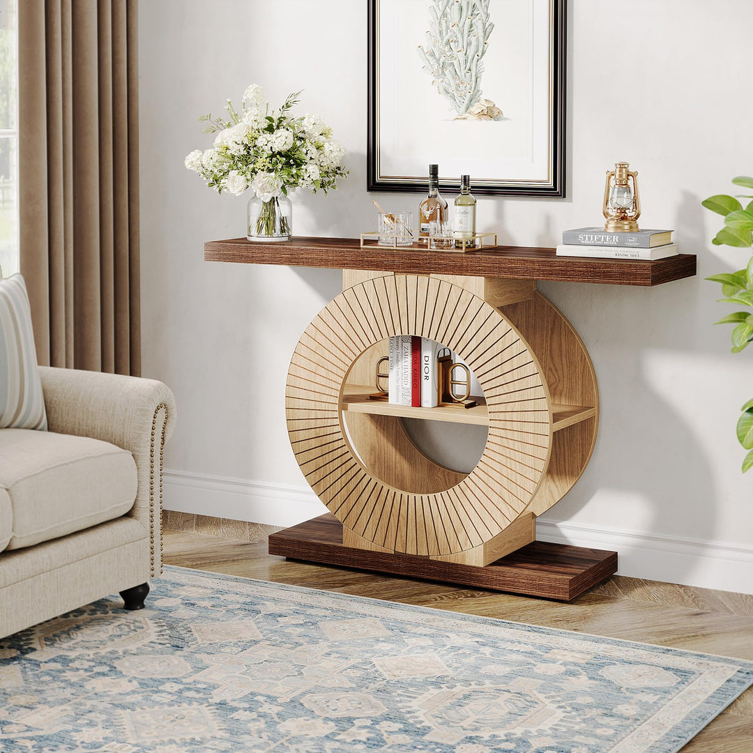 Tribesigns Console Table with Storage, Entryway Sofa Table with Shelves and Circle Base for Living Room Hallway 