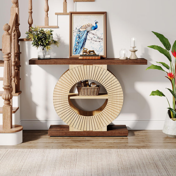 Tribesigns Console Table with Storage, Entryway Sofa Table with Shelves and Circle Base for Living Room Hallway 