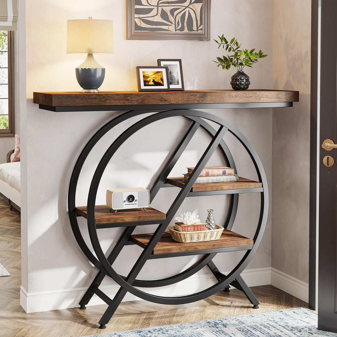 Tribesigns Console Table, 39.4-Inch Entryway Table with Thickened Tabletop, 4- Tier Industrial Narrow Hallway Sofa Table with Geometric Metal Frame for Living Room, Entryway, Rustic Brown 