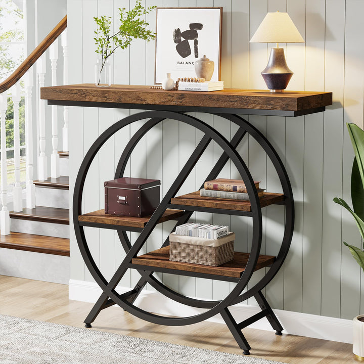 Tribesigns Console Table, 39.4-Inch Entryway Table with Thickened Tabletop, 4- Tier Industrial Narrow Hallway Sofa Table with Geometric Metal Frame for Living Room, Entryway, Rustic Brown 
