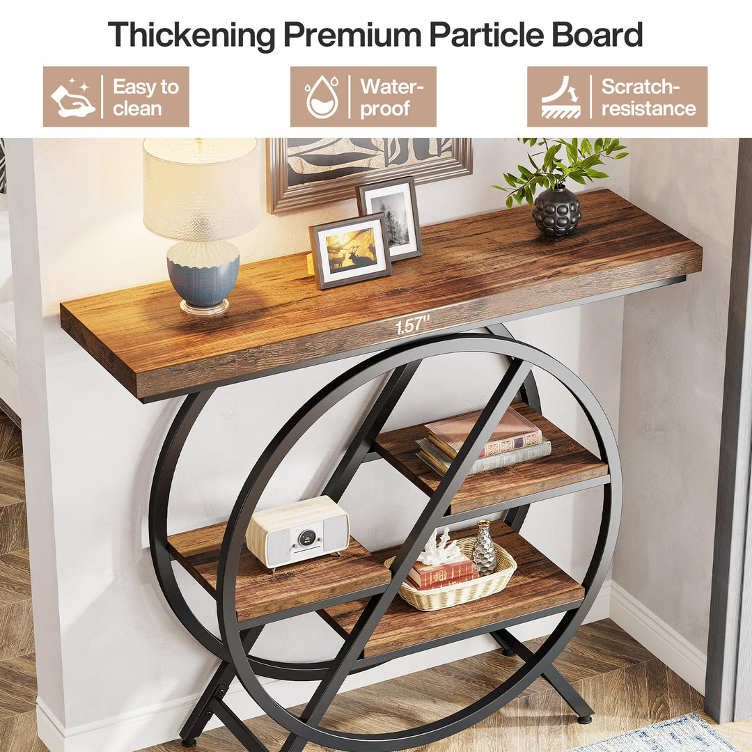 Tribesigns Console Table, 39.4-Inch Entryway Table with Thickened Tabletop, 4- Tier Industrial Narrow Hallway Sofa Table with Geometric Metal Frame for Living Room, Entryway, Rustic Brown 