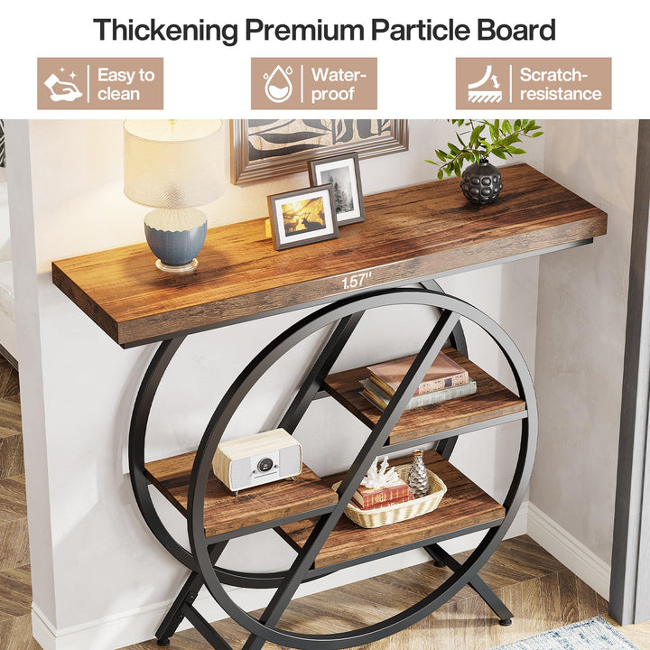Tribesigns Console Table, 39.4-Inch Entryway Table with Thickened Tabletop, 4- Tier Industrial Narrow Hallway Sofa Table with Geometric Metal Frame for Living Room, Entryway, Rustic Brown 