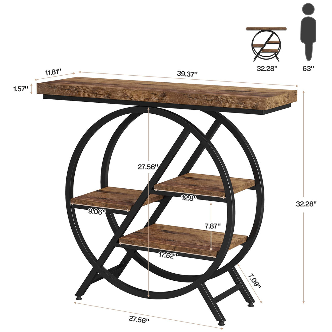 Tribesigns Console Table, 39.4-Inch Entryway Table with Thickened Tabletop, 4- Tier Industrial Narrow Hallway Sofa Table with Geometric Metal Frame for Living Room, Entryway, Rustic Brown 