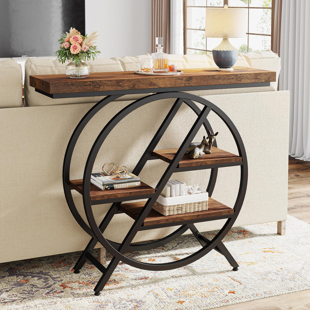 Tribesigns Console Table, 39.4-Inch Entryway Table with Thickened Tabletop, 4- Tier Industrial Narrow Hallway Sofa Table with Geometric Metal Frame for Living Room, Entryway, Rustic Brown 