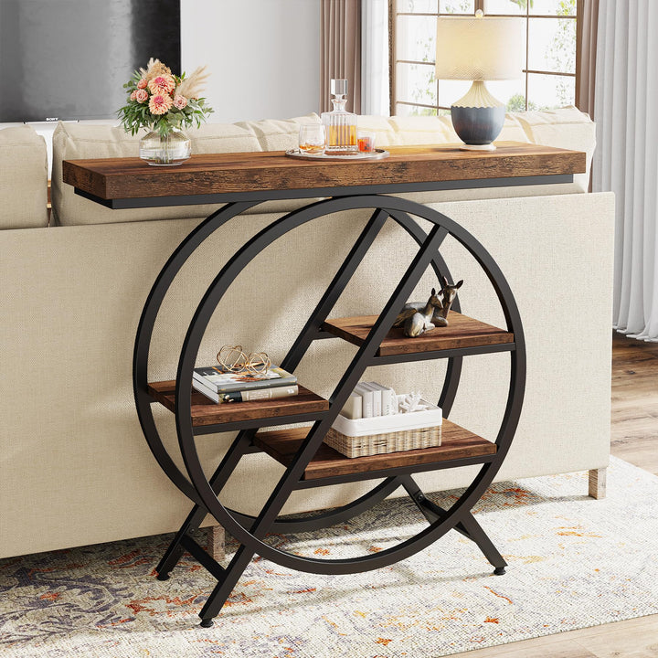 Tribesigns Console Table, 39.4-Inch Entryway Table with Thickened Tabletop, 4- Tier Industrial Narrow Hallway Sofa Table with Geometric Metal Frame for Living Room, Entryway, Rustic Brown 